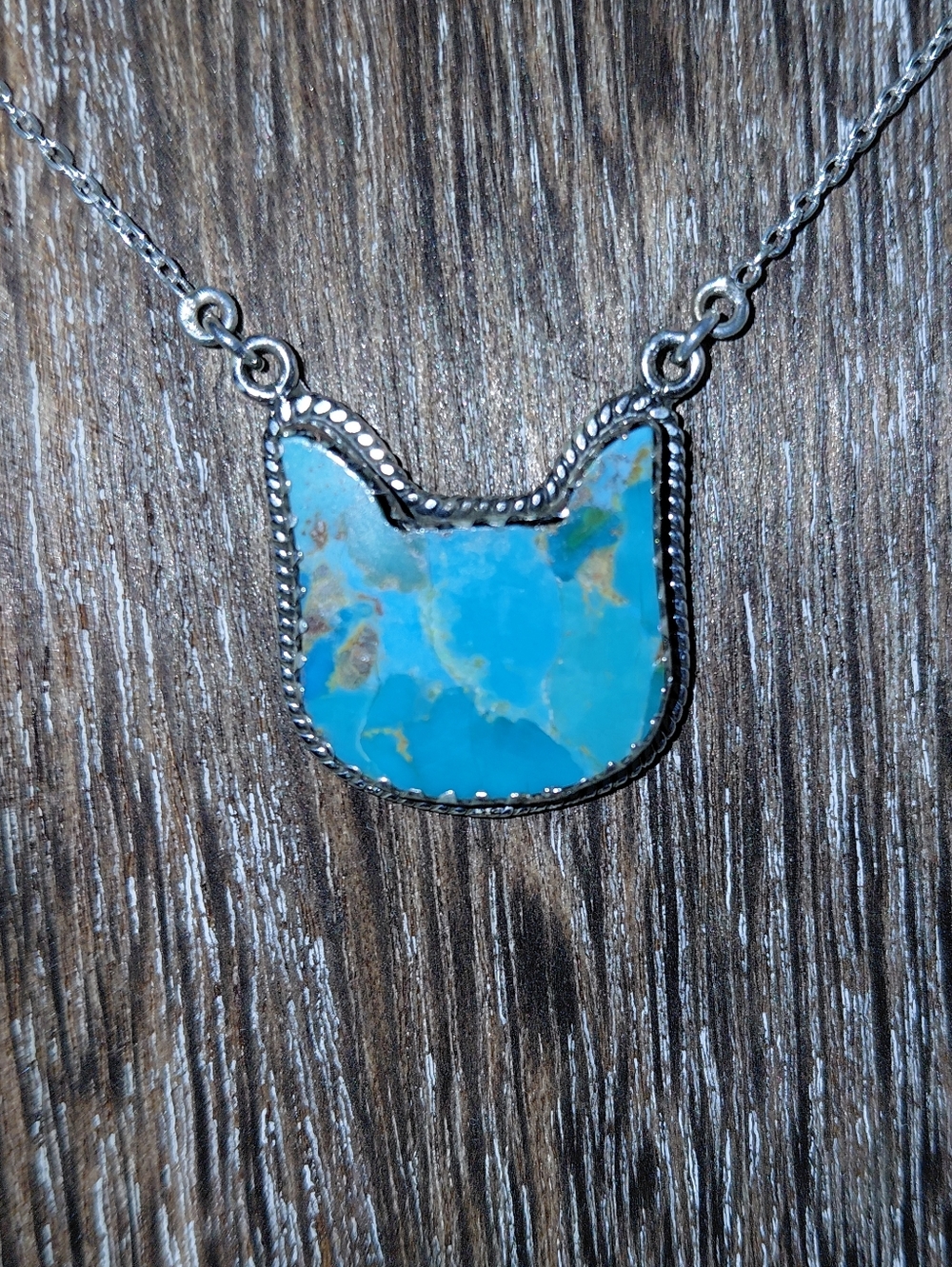 Turquoise Cat Silhouette Sterling Silver Pendant Necklace - Picture 2 of 8